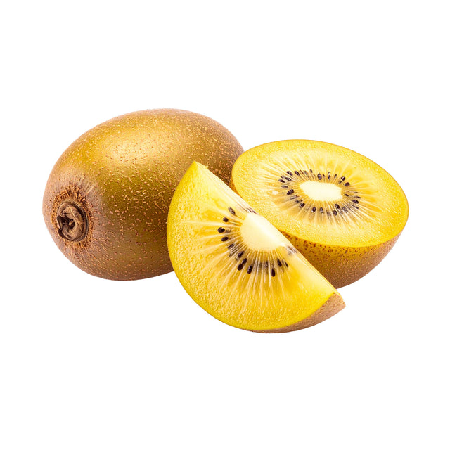 Whole and sliced yellow kiwi fruit on a white background